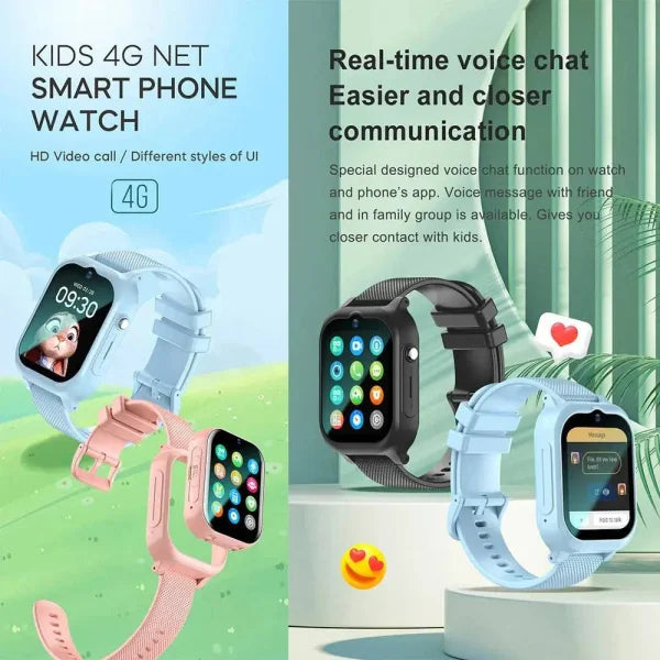 Kids smartwatch with GPS tracking, 4G connectivity, colorful bands, app icons