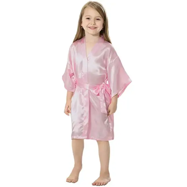 Kids Solid Satin Rayon Kimono Robe Bridesmaid Solid Bathrobe Children Nightgown Sleepwear Dressing Gown - pink / S