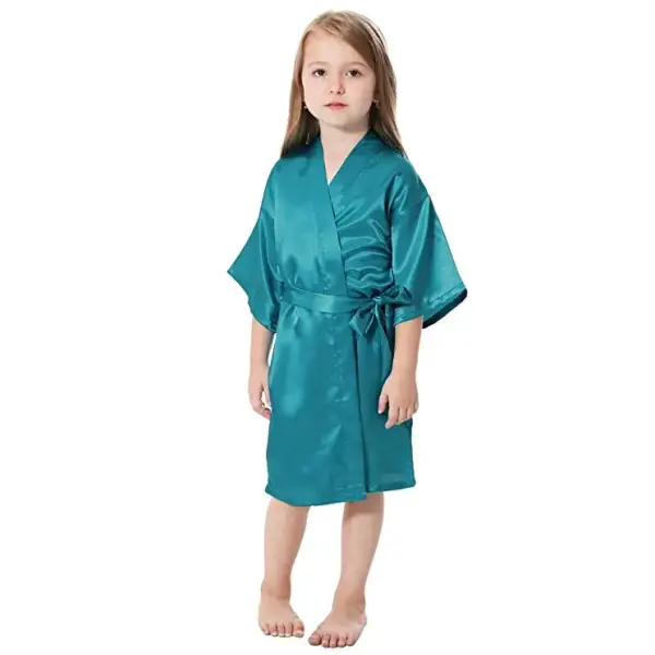 Kids Solid Satin Rayon Kimono Robe Bridesmaid Solid Bathrobe Children Nightgown Sleepwear Dressing Gown - lake blue / S