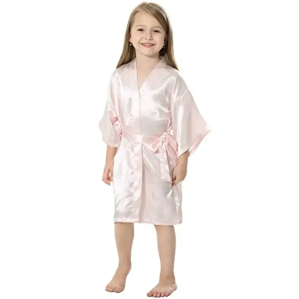Kids Solid Satin Rayon Kimono Robe Bridesmaid Solid Bathrobe Children Nightgown Sleepwear Dressing Gown - light pink / S