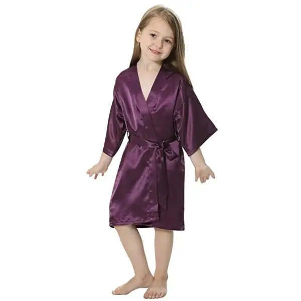 Kids Solid Satin Rayon Kimono Robe Bridesmaid Solid Bathrobe Children Nightgown Sleepwear Dressing Gown - purple / S