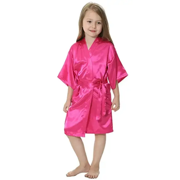 Kids Solid Satin Rayon Kimono Robe Bridesmaid Solid Bathrobe Children Nightgown Sleepwear Dressing Gown - rose / S