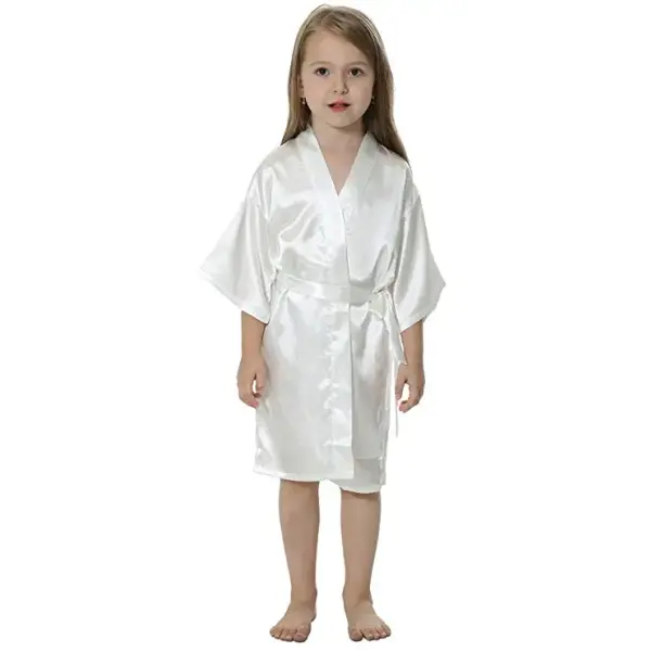 Kids Solid Satin Rayon Kimono Robe Bridesmaid Solid Bathrobe Children Nightgown Sleepwear Dressing Gown - White / S