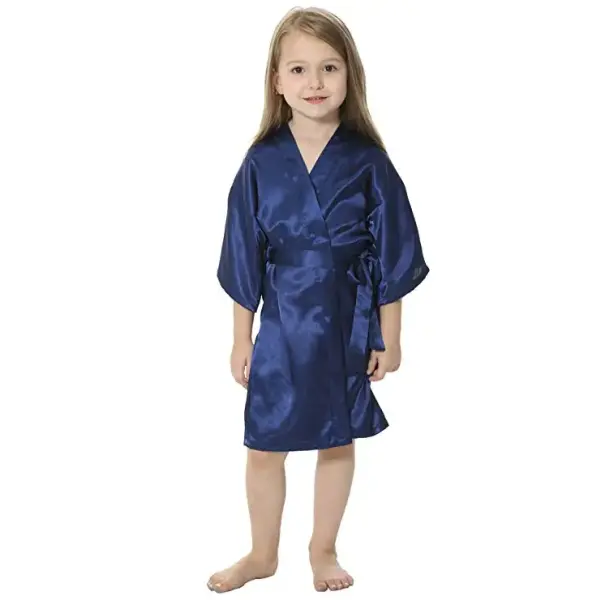 Kids Solid Satin Rayon Kimono Robe Bridesmaid Solid Bathrobe Children Nightgown Sleepwear Dressing Gown - navy / S