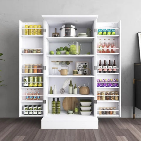Kitchen Pantry Cabinet - White Freestanding Buffet Cupboard with Doors & Adjustable Shelves - WHITE / United States