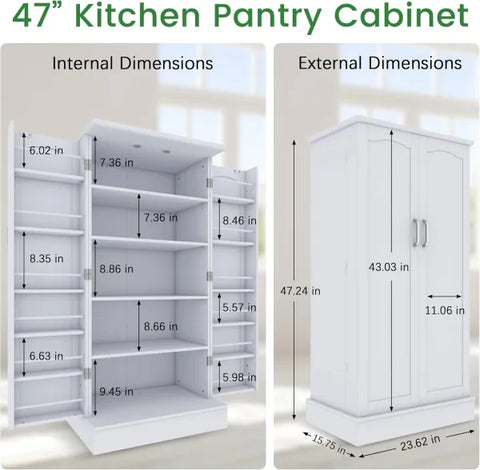 Kitchen Pantry Cabinet - White Freestanding Buffet Cupboard with Doors & Adjustable Shelves - WHITE / United States