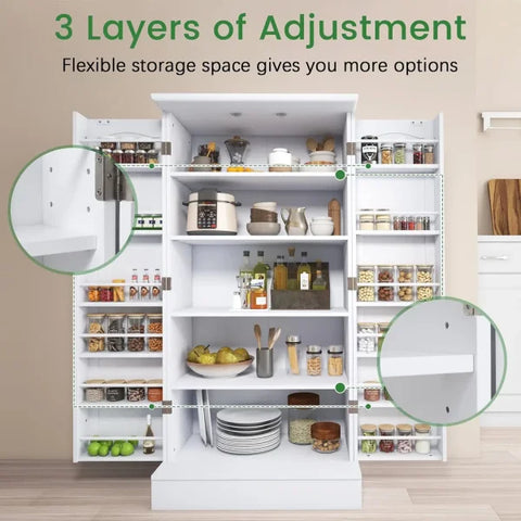 Kitchen Pantry Cabinet - White Freestanding Buffet Cupboard with Doors & Adjustable Shelves - WHITE / United States