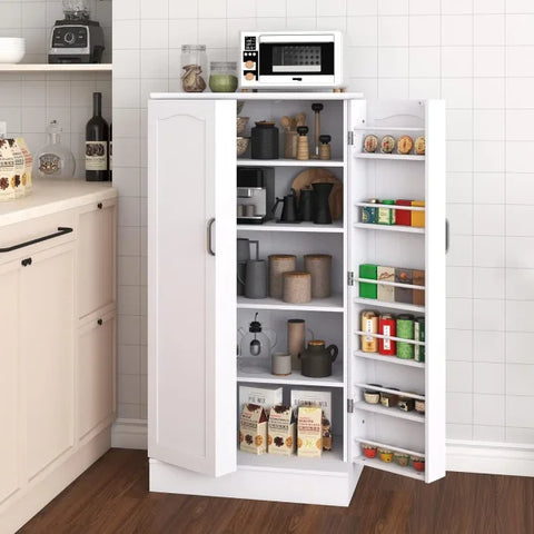 Kitchen Pantry Cabinet - White Freestanding Buffet Cupboard with Doors & Adjustable Shelves - WHITE / United States