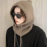 Knitted Hooded Winter Balaclava Hat for Women – Korean Style Outdoor Warmer with Drawstring Neck Beanie