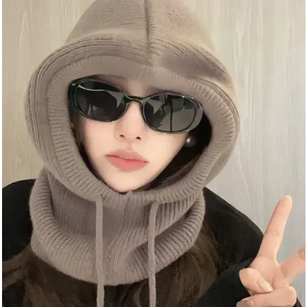 Knitted Hooded Winter Balaclava Hat for Women – Korean Style Outdoor Warmer with Drawstring Neck Beanie - Khaki