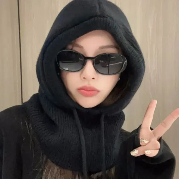 Knitted Hooded Winter Balaclava Hat for Women – Korean Style Outdoor Warmer with Drawstring Neck Beanie