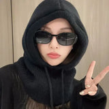 Knitted Hooded Winter Balaclava Hat for Women – Korean Style Outdoor Warmer with Drawstring Neck Beanie