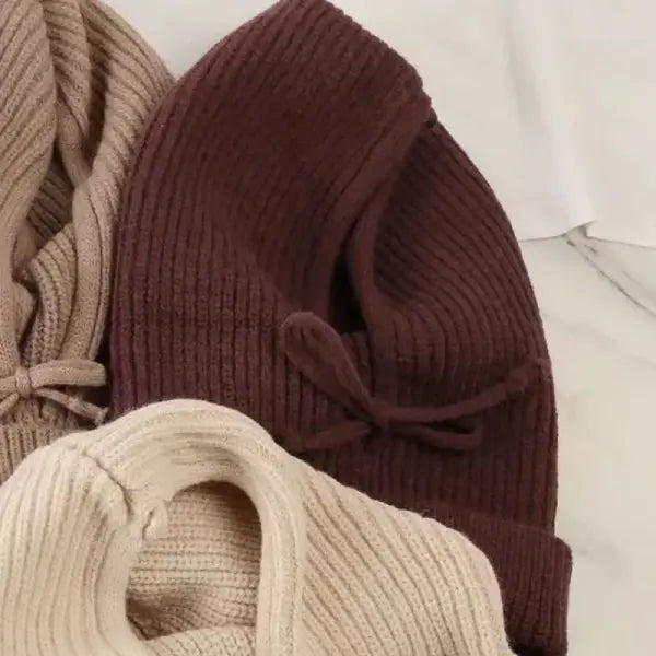 Knitted Hooded Winter Balaclava Hat for Women – Korean Style Outdoor Warmer with Drawstring Neck Beanie - Coffee