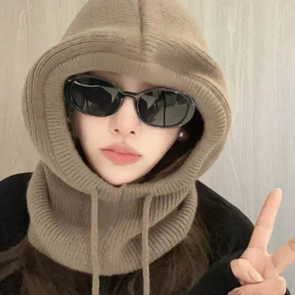 Knitted Hooded Winter Balaclava Hat for Women – Korean Style Outdoor Warmer with Drawstring Neck Beanie