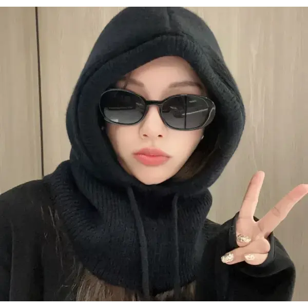 Knitted Hooded Winter Balaclava Hat for Women – Korean Style Outdoor Warmer with Drawstring Neck Beanie - Black
