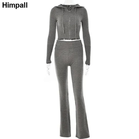 Grey knitted hooded suits featuring cropped hoodie and high waist long sleeves trousers