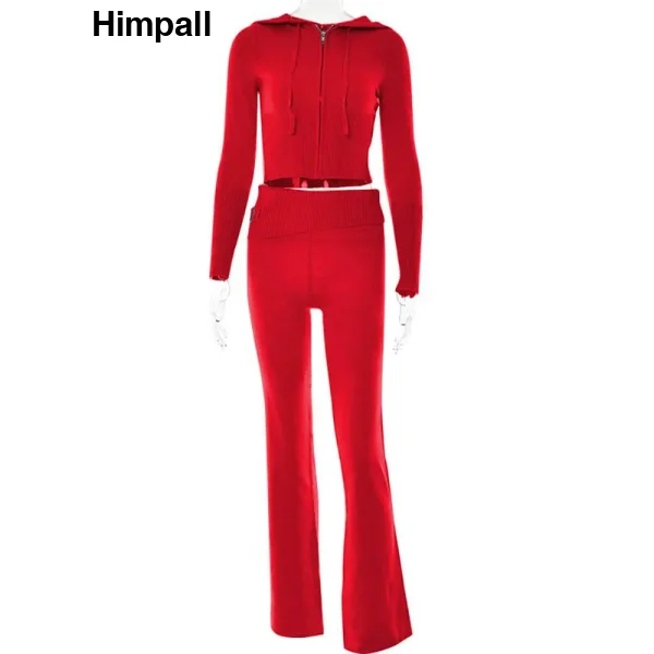 Red hooded jumpsuit with long sleeves and flared legs from Knitted Hooded Suits collection