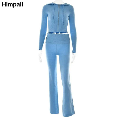 Light blue knitted hooded suits featuring high waist long sleeves and flared trousers