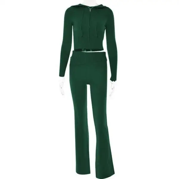 Dark green knitted hooded suit with high waist long sleeves trousers