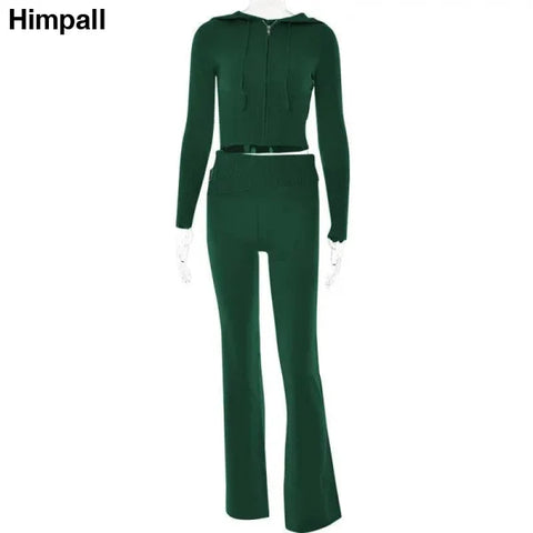 Dark green knitted hooded suit with high waist long sleeves and flared trousers