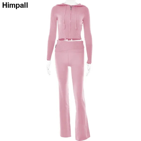 Pink velour knitted hooded suits featuring high waist long sleeves and flared trousers