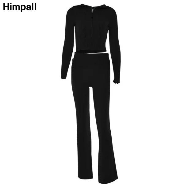 Black long-sleeved crop top and flared pants set from Knitted Hooded Suits collection