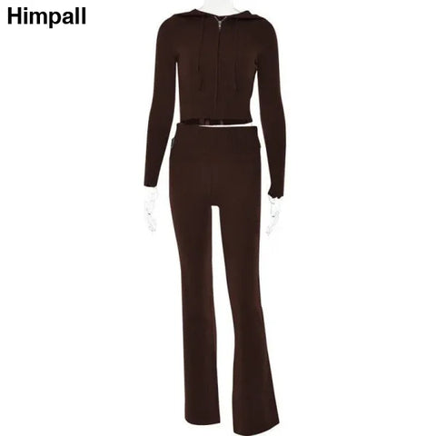 Dark brown longsleeved jumpsuit with flared pants in knitted hooded suits collection