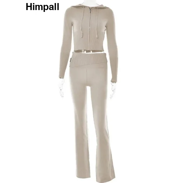 Beige knitted hooded suits featuring high waist long sleeves and flared trousers