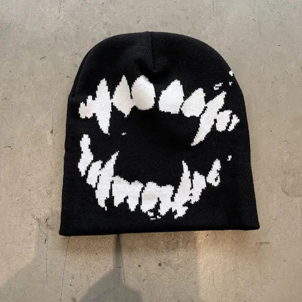 Knitting Beanies Y2k Goth Tooth Caps Warm Vintage Streetwear - Black-01 / one size