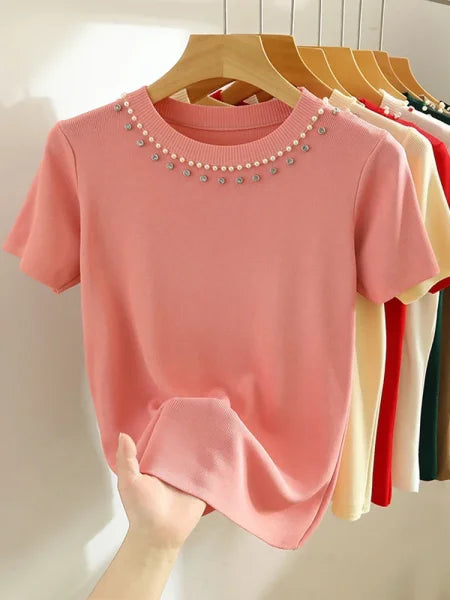 Korea Knitted T-Shirt Women Top - Solid Sleeveless Tank with Beading for Y2K Summer Fashion - One Size / Pink
