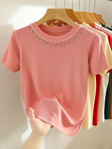 Korea Knitted T-Shirt Women Top - Solid Sleeveless Tank with Beading for Y2K Summer Fashion - One Size / Pink