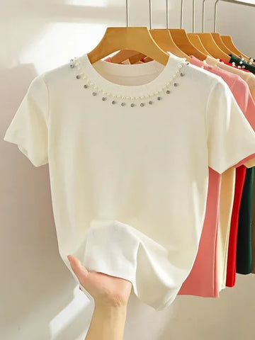 Korea Knitted T-Shirt Women Top - Solid Sleeveless Tank with Beading for Y2K Summer Fashion - One Size / WHITE