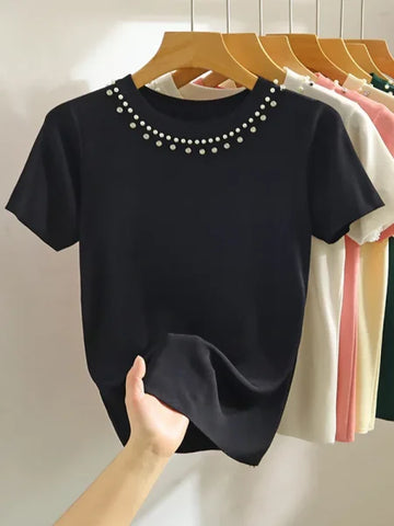 Korea Knitted T-Shirt Women Top - Solid Sleeveless Tank with Beading for Y2K Summer Fashion - One Size / black