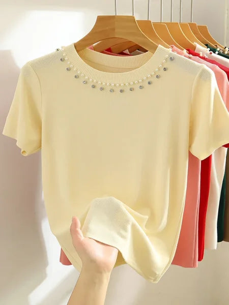 Korea Knitted T-Shirt Women Top - Solid Sleeveless Tank with Beading for Y2K Summer Fashion - One Size / Beige