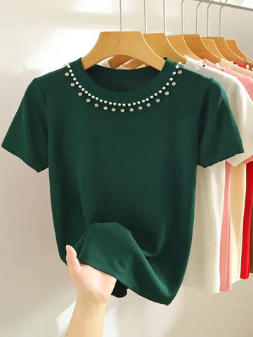 Korea Knitted T-Shirt Women Top - Solid Sleeveless Tank with Beading for Y2K Summer Fashion - One Size / green