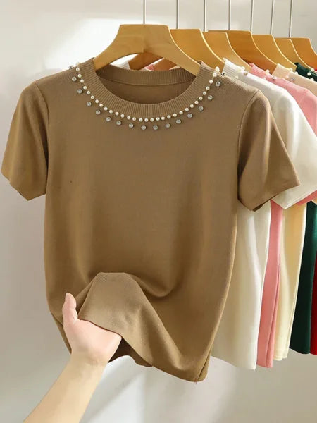 Korea Knitted T-Shirt Women Top - Solid Sleeveless Tank with Beading for Y2K Summer Fashion - One Size / Khaki