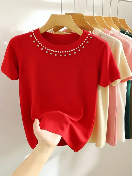 Korea Knitted T-Shirt Women Top - Solid Sleeveless Tank with Beading for Y2K Summer Fashion - One Size / Red
