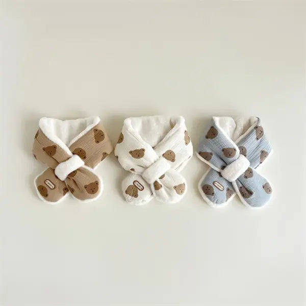 Korean Bear Print Baby Scarf – Plush Winter Cross Scarf for Boys & Girls Warm Neckerchief