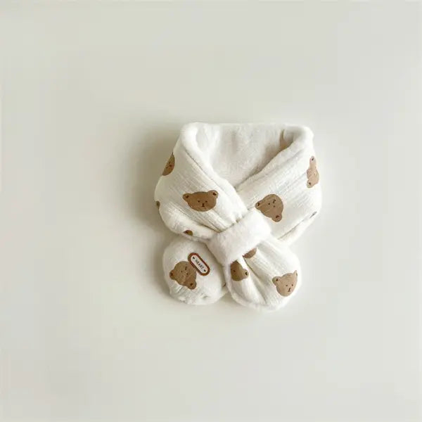 Korean Bear Print Baby Scarf – Plush Winter Cross Scarf for Boys & Girls Warm Neckerchief - 1