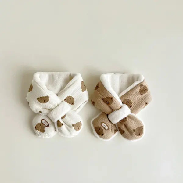 Korean Bear Print Baby Scarf – Plush Winter Cross Scarf for Boys & Girls Warm Neckerchief