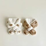 Korean Bear Print Baby Scarf – Plush Winter Cross Scarf for Boys & Girls Warm Neckerchief