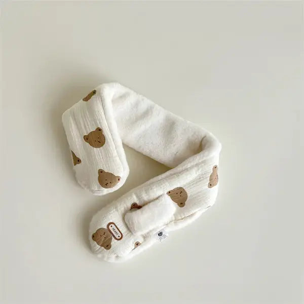 Korean Bear Print Baby Scarf – Plush Winter Cross Scarf for Boys & Girls Warm Neckerchief