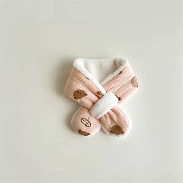 Korean Bear Print Baby Scarf – Plush Winter Cross Scarf for Boys & Girls Warm Neckerchief - 3