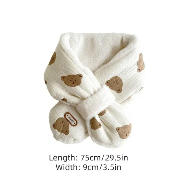 Korean Bear Print Baby Scarf – Plush Winter Cross Scarf for Boys & Girls Warm Neckerchief
