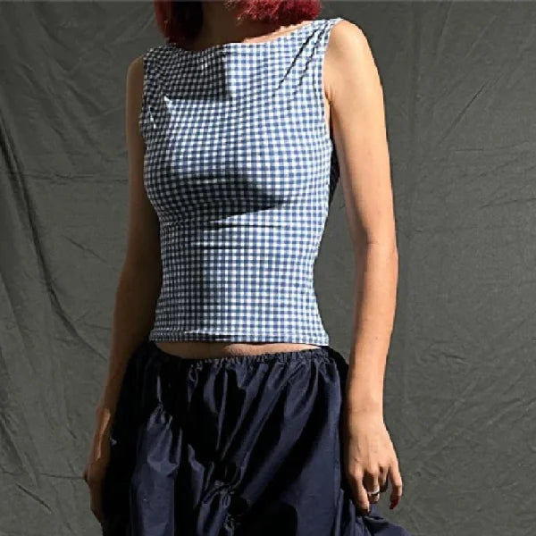 Korean Fashion Bow Backless Tank Top – Plaid Print Sleeveless Crop Top