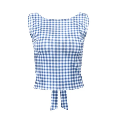 Korean Fashion Bow Backless Tank Top – Plaid Print Sleeveless Crop Top
