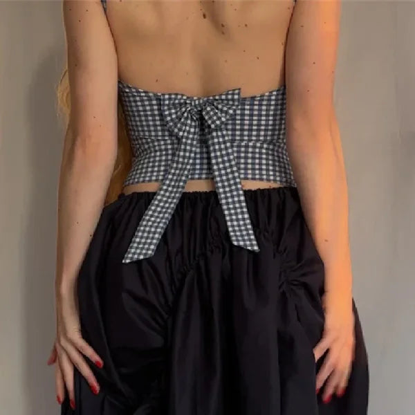 Korean Fashion Bow Backless Tank Top – Plaid Print Sleeveless Crop Top