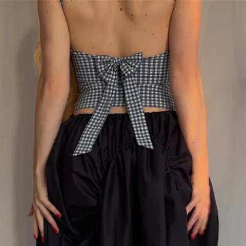 Korean Fashion Bow Backless Tank Top – Plaid Print Sleeveless Crop Top