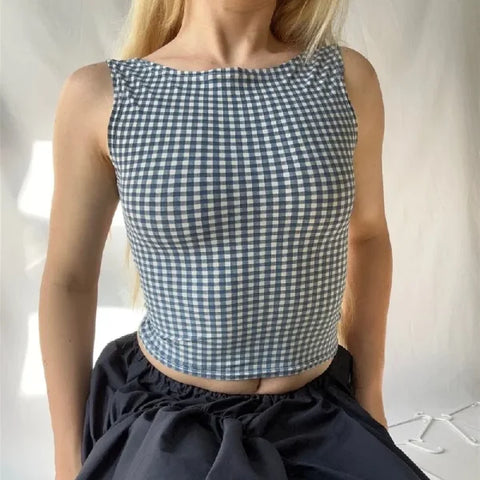 Korean Fashion Bow Backless Tank Top – Plaid Print Sleeveless Crop Top - Blue / M