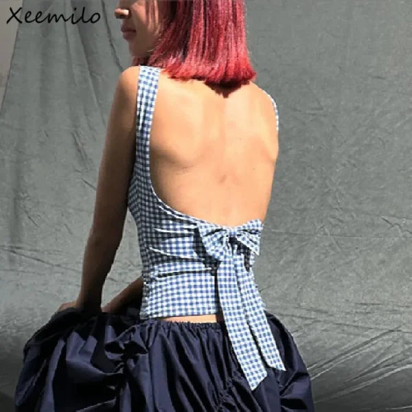 Korean Fashion Bow Backless Tank Top – Plaid Print Sleeveless Crop Top